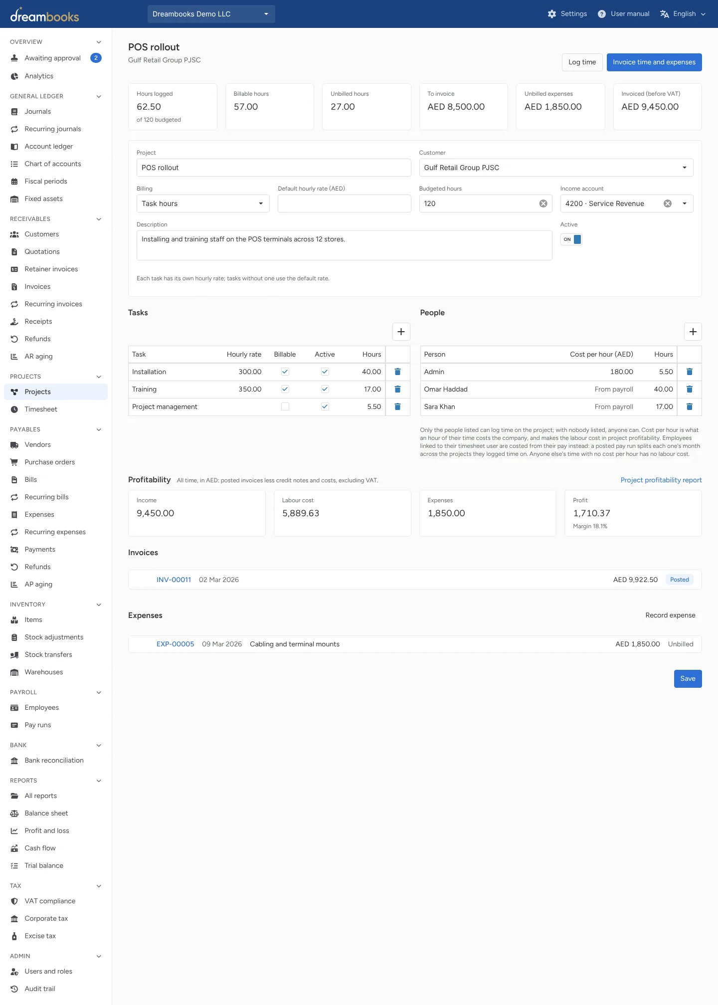 Projects, timesheets and fixed assets